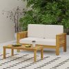 Teak Acacia Wood Loveseat and Coffee Table Set with Cream Cushions - as Pic