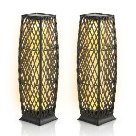 2 Pieces Solar-Powered Diamond Wicker Floor Lamps with Auto LED Light - Brown