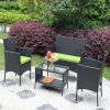 4 PC Rattan Patio Furniture Set Outdoor Patio Cushioned Seat Wicker Sofa (green Cushion) - as Pic