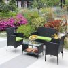 4 PC Rattan Patio Furniture Set Outdoor Patio Cushioned Seat Wicker Sofa (green Cushion) - as Pic