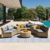[VIDEO provided] 6 - Person Fan-shaped Rattan Suit Combination with Cushions and Table; Suitable for Garden - Gray