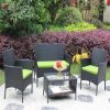 4 PC Rattan Patio Furniture Set Outdoor Patio Cushioned Seat Wicker Sofa (green Cushion) - as Pic
