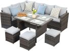 7-Pieces PE Rattan Wicker Patio Dining Sectional Cusions Sofa Set with Grey cushions - as Pic